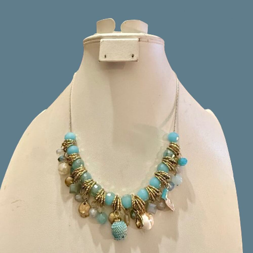 Coastal Inspired Aqua Blue Gold & White Beaded Necklace